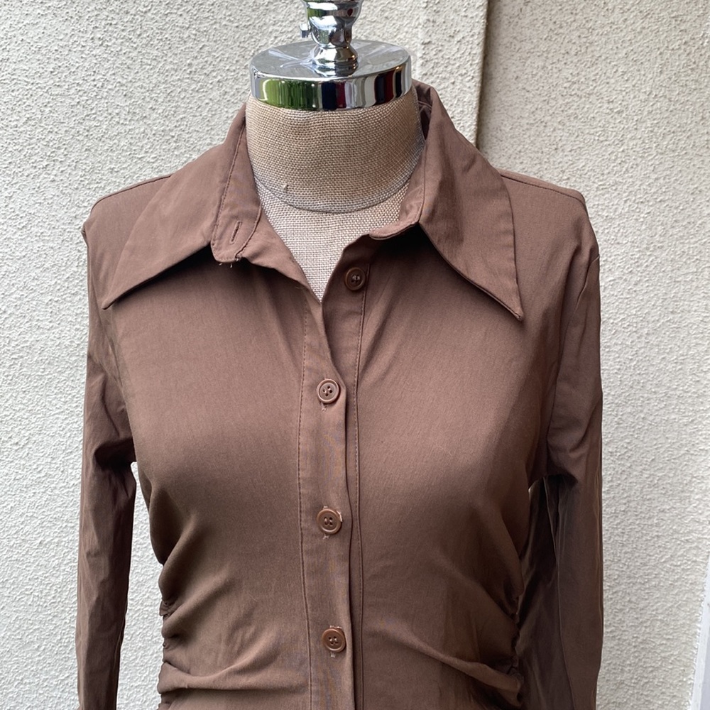 Zara gorgeous stretchy mini button down dress w/ rouching. flattering! Worn once - Picture 4 of 16